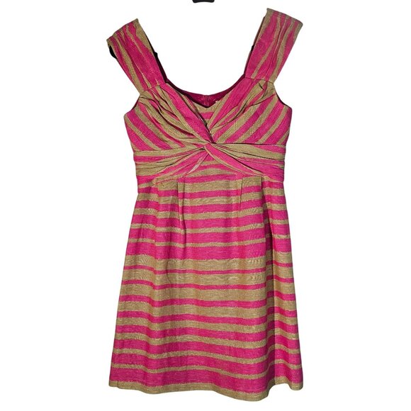 Nanette Lepore Women’s Silk Linen Pink/Gold Metallic M Dress Glamcore Partycore - Picture 2 of 14